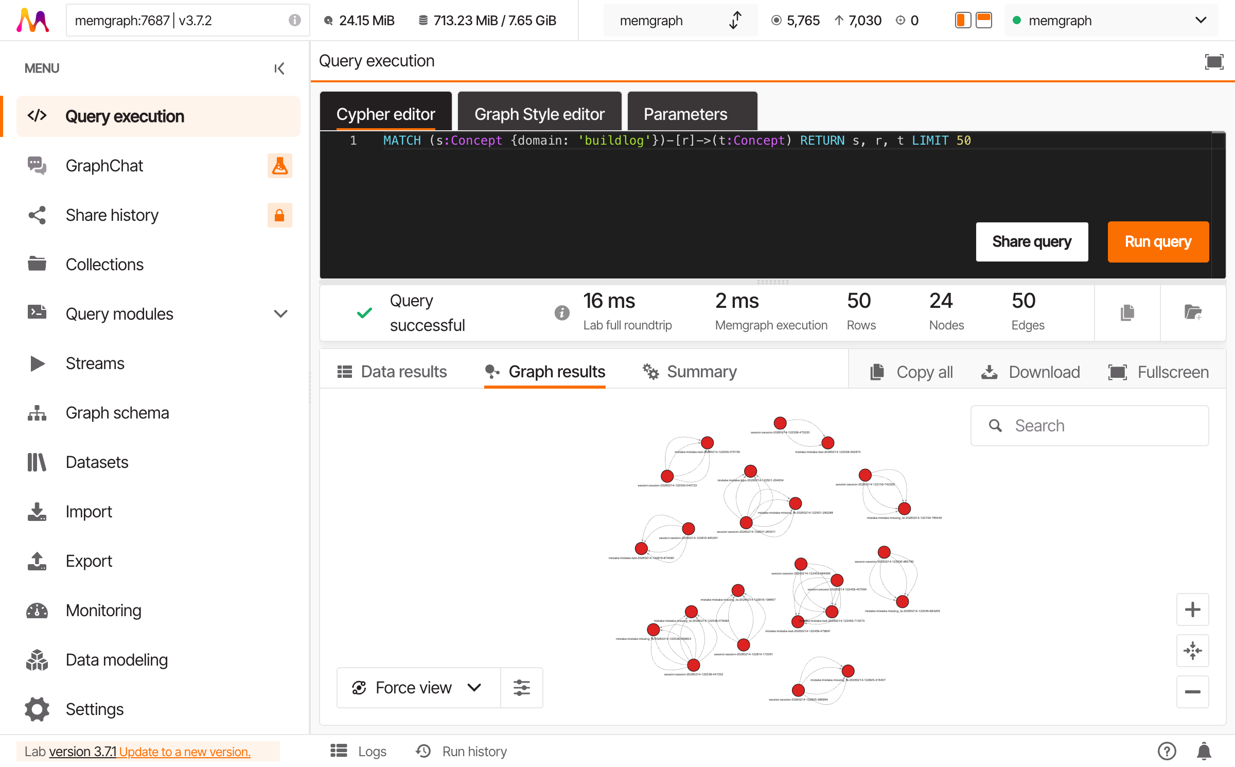 Memgraph Lab: force-directed graph of buildlog domain, 24 nodes, 50 edges